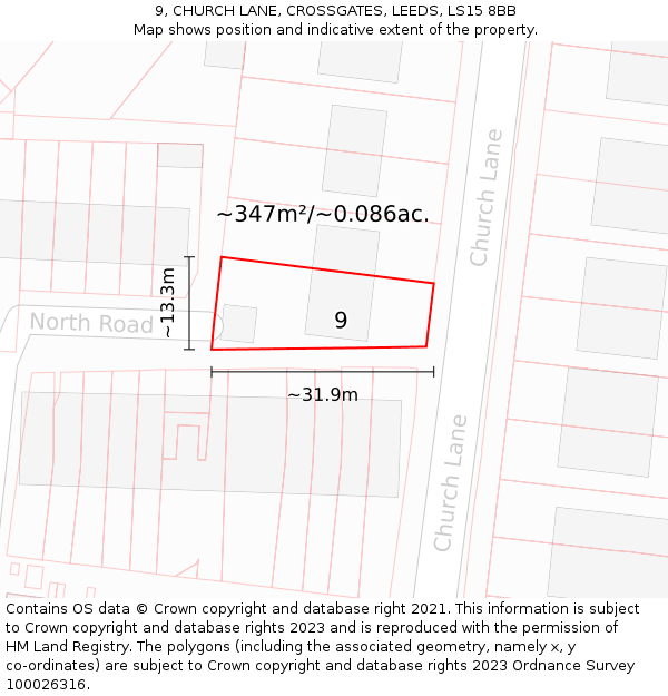 9, CHURCH LANE, CROSSGATES, LEEDS, LS15 8BB: Plot and title map