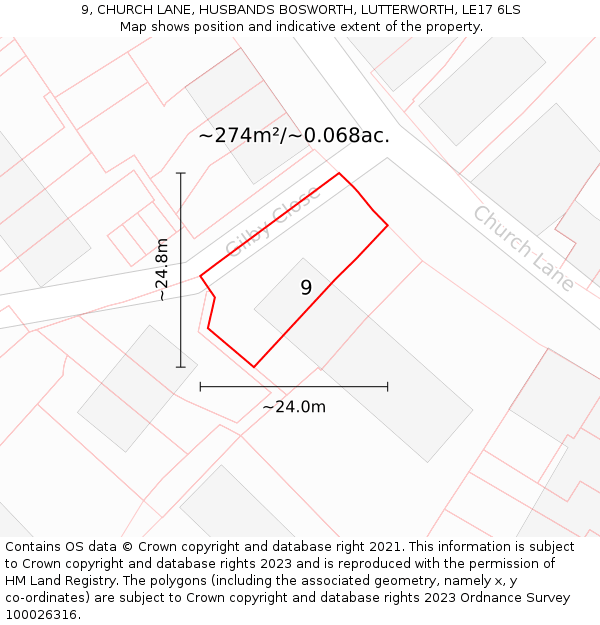 9, CHURCH LANE, HUSBANDS BOSWORTH, LUTTERWORTH, LE17 6LS: Plot and title map