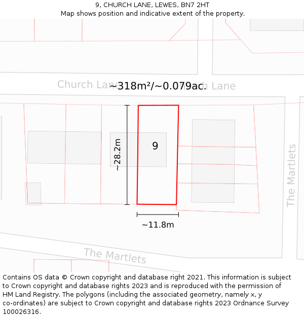 9, CHURCH LANE, LEWES, BN7 2HT: Plot and title map