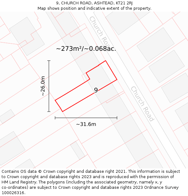 9, CHURCH ROAD, ASHTEAD, KT21 2RJ: Plot and title map