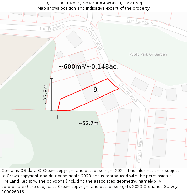 9, CHURCH WALK, SAWBRIDGEWORTH, CM21 9BJ: Plot and title map
