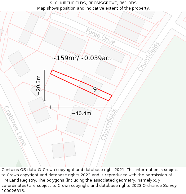 9, CHURCHFIELDS, BROMSGROVE, B61 8DS: Plot and title map