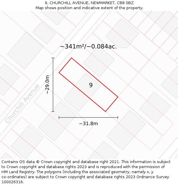 9, CHURCHILL AVENUE, NEWMARKET, CB8 0BZ: Plot and title map