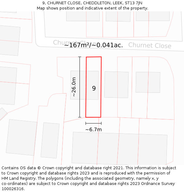 9, CHURNET CLOSE, CHEDDLETON, LEEK, ST13 7JN: Plot and title map
