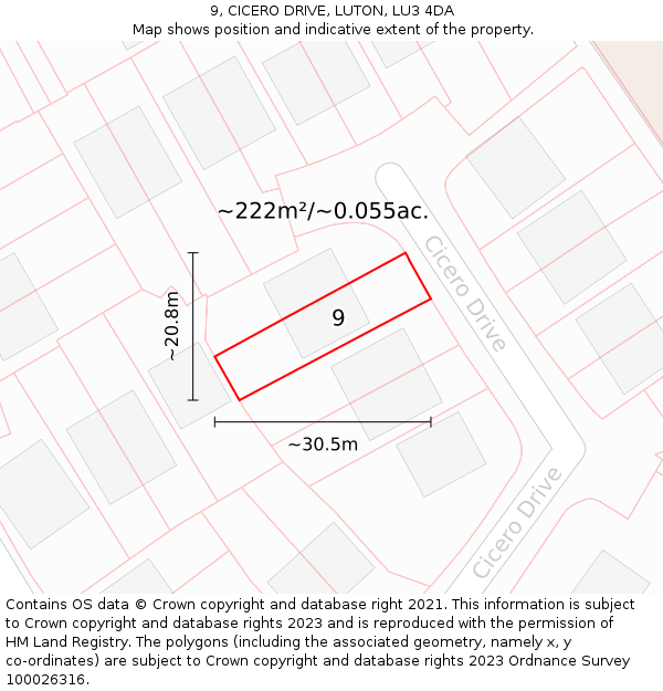 9, CICERO DRIVE, LUTON, LU3 4DA: Plot and title map
