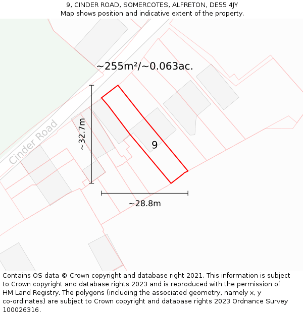 9, CINDER ROAD, SOMERCOTES, ALFRETON, DE55 4JY: Plot and title map