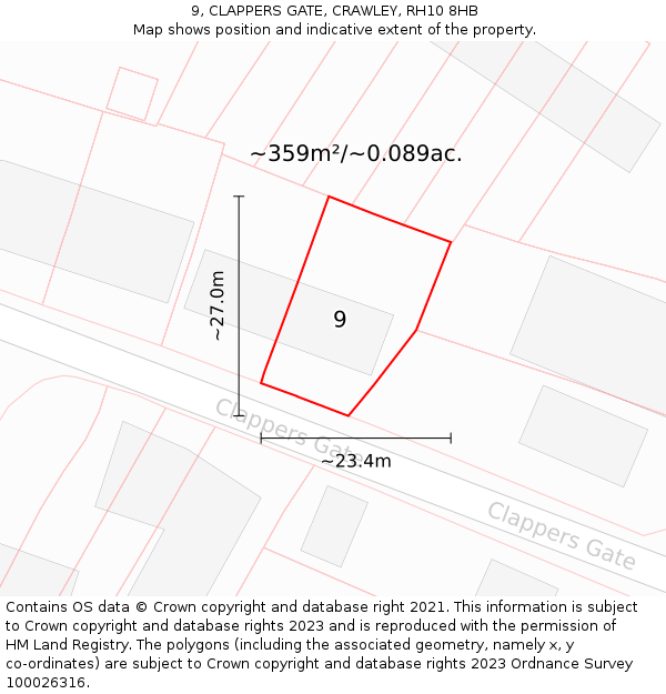 9, CLAPPERS GATE, CRAWLEY, RH10 8HB: Plot and title map