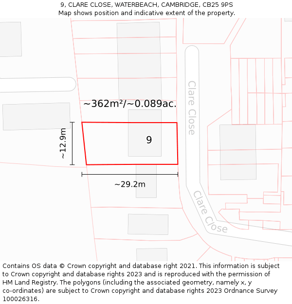 9, CLARE CLOSE, WATERBEACH, CAMBRIDGE, CB25 9PS: Plot and title map