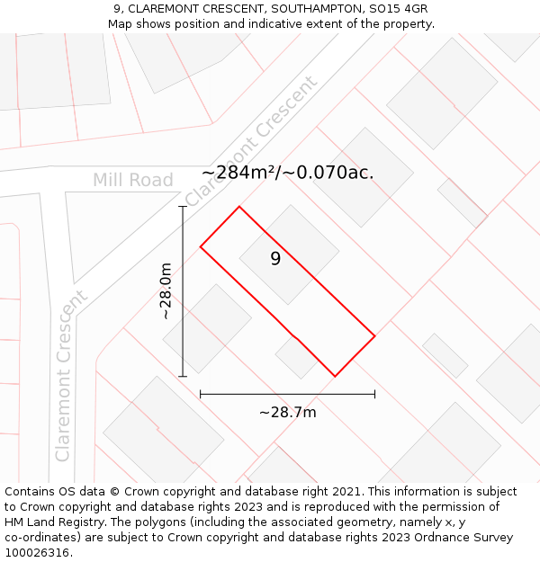 9, CLAREMONT CRESCENT, SOUTHAMPTON, SO15 4GR: Plot and title map
