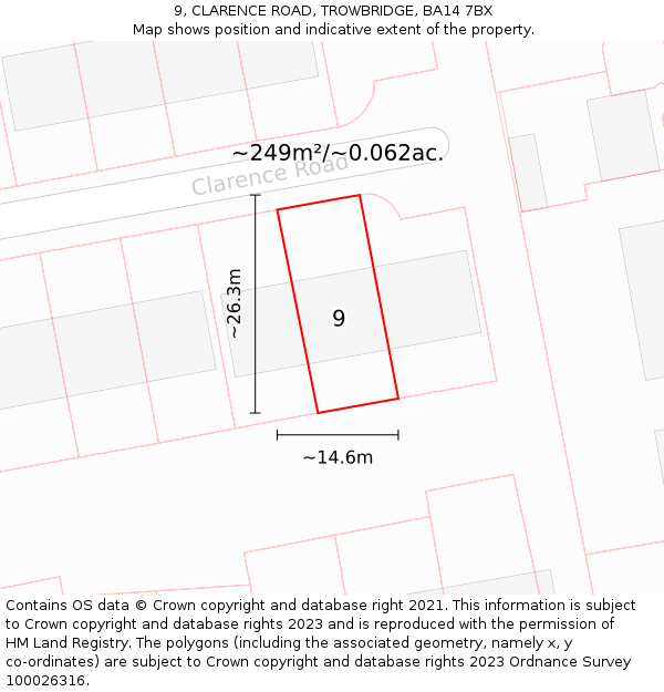 9, CLARENCE ROAD, TROWBRIDGE, BA14 7BX: Plot and title map