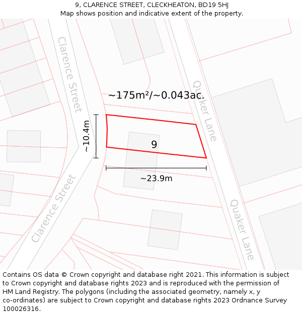 9, CLARENCE STREET, CLECKHEATON, BD19 5HJ: Plot and title map