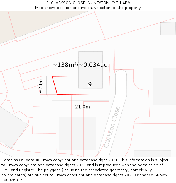 9, CLARKSON CLOSE, NUNEATON, CV11 4BA: Plot and title map