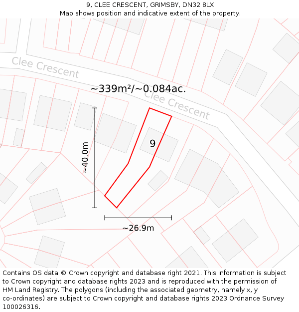 9, CLEE CRESCENT, GRIMSBY, DN32 8LX: Plot and title map