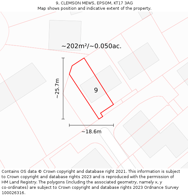 9, CLEMSON MEWS, EPSOM, KT17 3AG: Plot and title map
