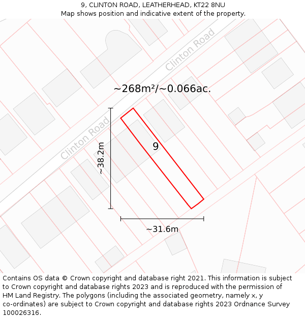 9, CLINTON ROAD, LEATHERHEAD, KT22 8NU: Plot and title map