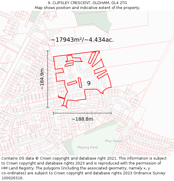 9, CLIPSLEY CRESCENT, OLDHAM, OL4 2TG: Plot and title map