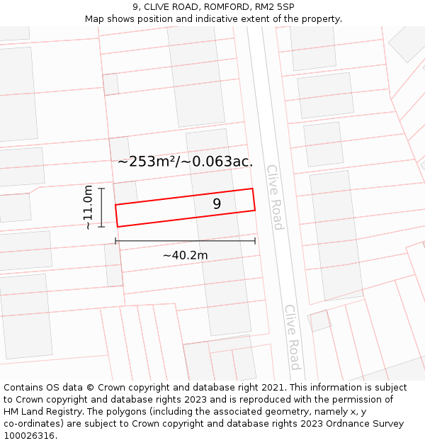 9, CLIVE ROAD, ROMFORD, RM2 5SP: Plot and title map
