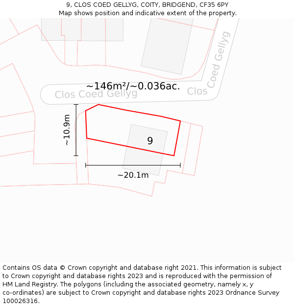 9, CLOS COED GELLYG, COITY, BRIDGEND, CF35 6PY: Plot and title map