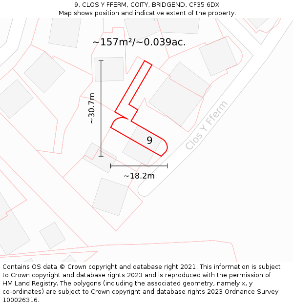 9, CLOS Y FFERM, COITY, BRIDGEND, CF35 6DX: Plot and title map