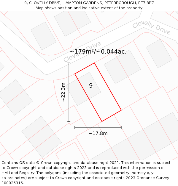 9, CLOVELLY DRIVE, HAMPTON GARDENS, PETERBOROUGH, PE7 8PZ: Plot and title map