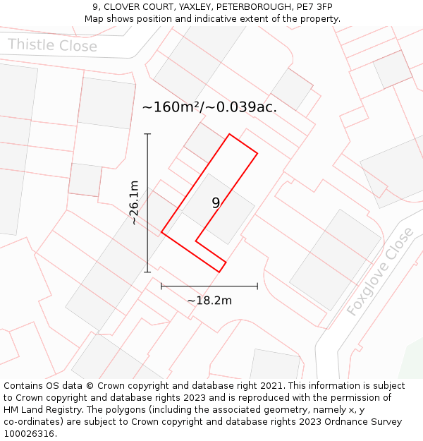 9, CLOVER COURT, YAXLEY, PETERBOROUGH, PE7 3FP: Plot and title map