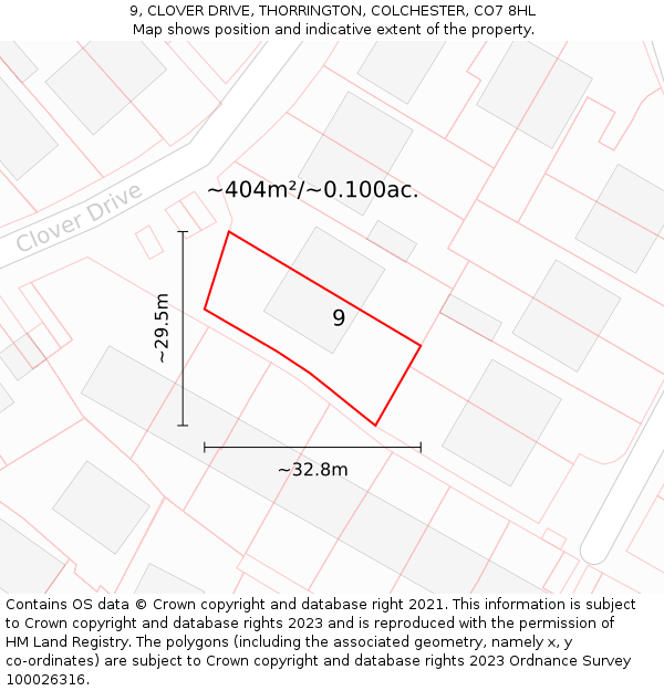 9, CLOVER DRIVE, THORRINGTON, COLCHESTER, CO7 8HL: Plot and title map