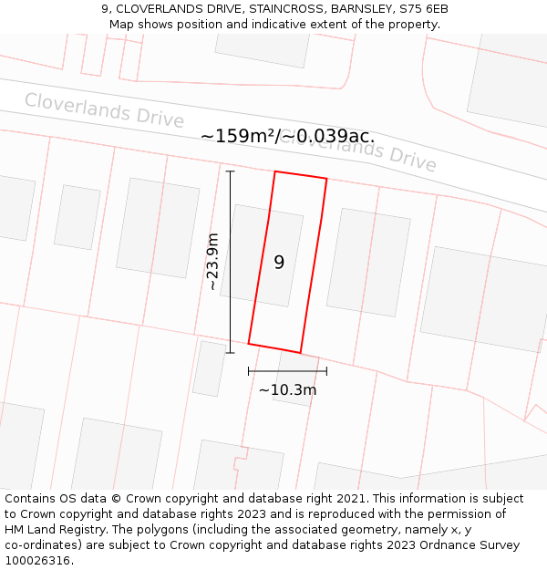 9, CLOVERLANDS DRIVE, STAINCROSS, BARNSLEY, S75 6EB: Plot and title map