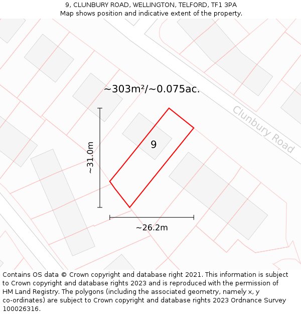 9, CLUNBURY ROAD, WELLINGTON, TELFORD, TF1 3PA: Plot and title map