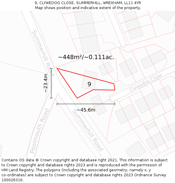 9, CLYWEDOG CLOSE, SUMMERHILL, WREXHAM, LL11 4YR: Plot and title map