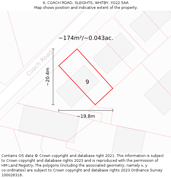 9, COACH ROAD, SLEIGHTS, WHITBY, YO22 5AA: Plot and title map