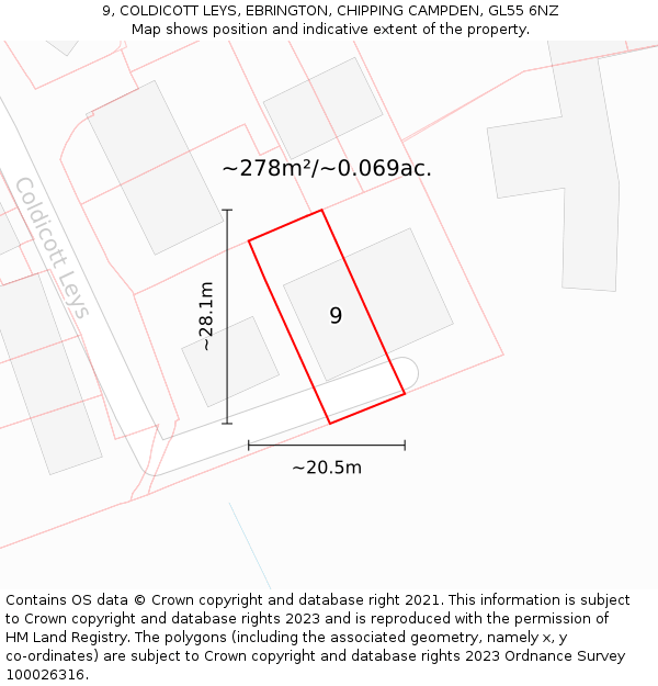 9, COLDICOTT LEYS, EBRINGTON, CHIPPING CAMPDEN, GL55 6NZ: Plot and title map