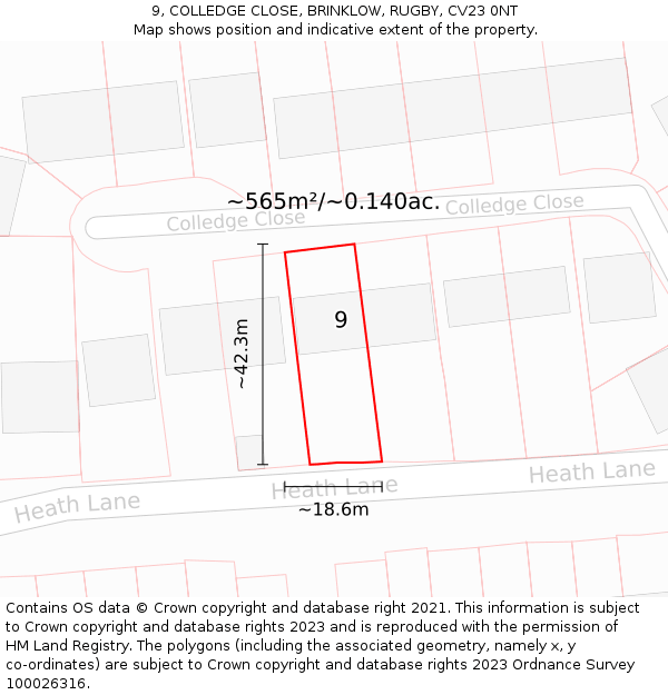 9, COLLEDGE CLOSE, BRINKLOW, RUGBY, CV23 0NT: Plot and title map