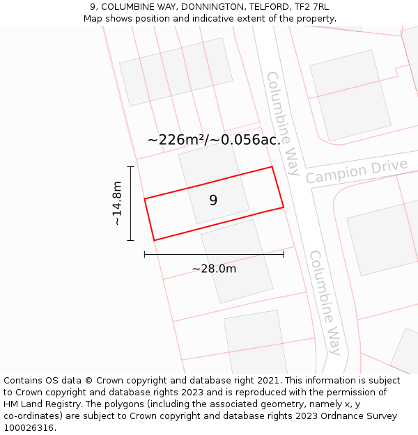 9, COLUMBINE WAY, DONNINGTON, TELFORD, TF2 7RL: Plot and title map