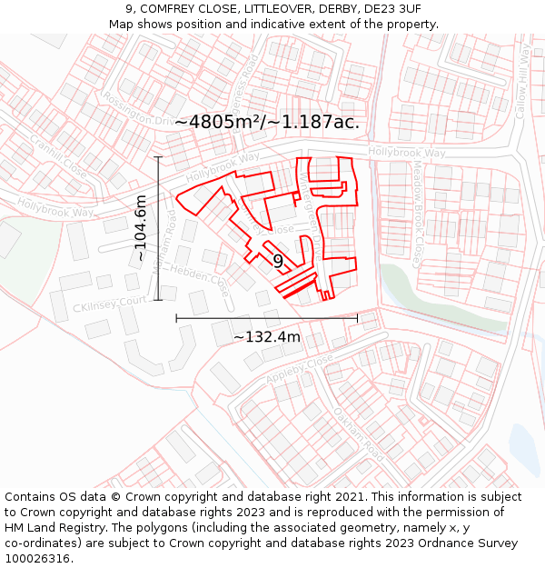 9, COMFREY CLOSE, LITTLEOVER, DERBY, DE23 3UF: Plot and title map