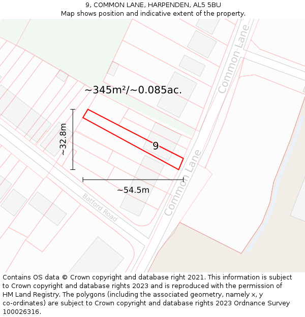 9, COMMON LANE, HARPENDEN, AL5 5BU: Plot and title map