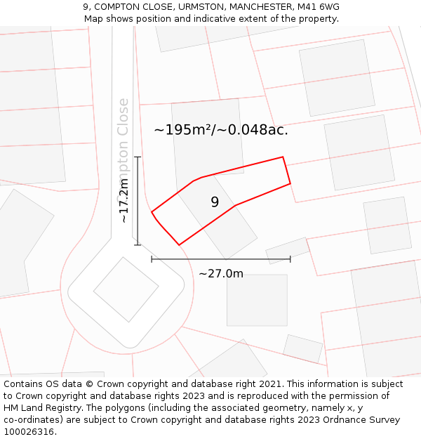 9, COMPTON CLOSE, URMSTON, MANCHESTER, M41 6WG: Plot and title map