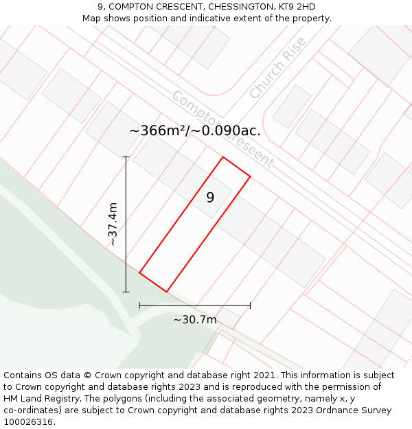 9, COMPTON CRESCENT, CHESSINGTON, KT9 2HD: Plot and title map
