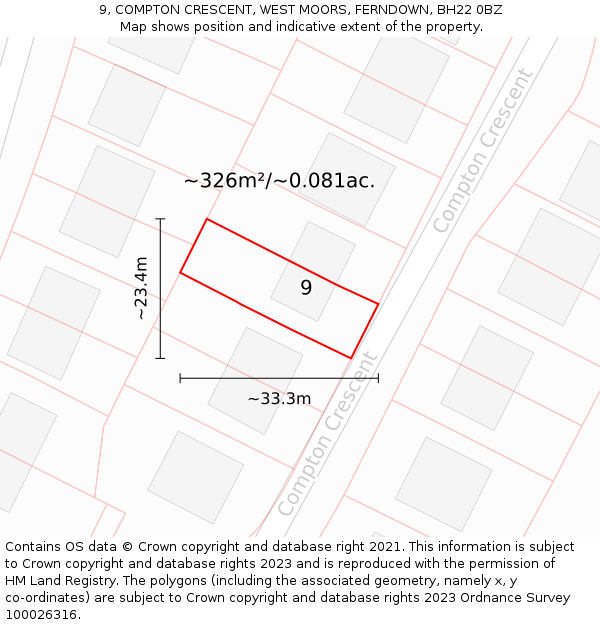 9, COMPTON CRESCENT, WEST MOORS, FERNDOWN, BH22 0BZ: Plot and title map