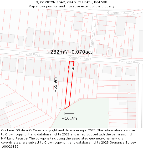 9, COMPTON ROAD, CRADLEY HEATH, B64 5BB: Plot and title map
