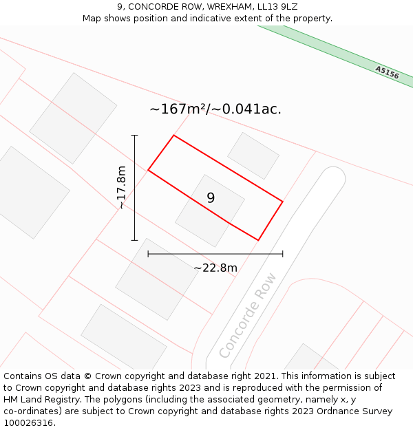 9, CONCORDE ROW, WREXHAM, LL13 9LZ: Plot and title map