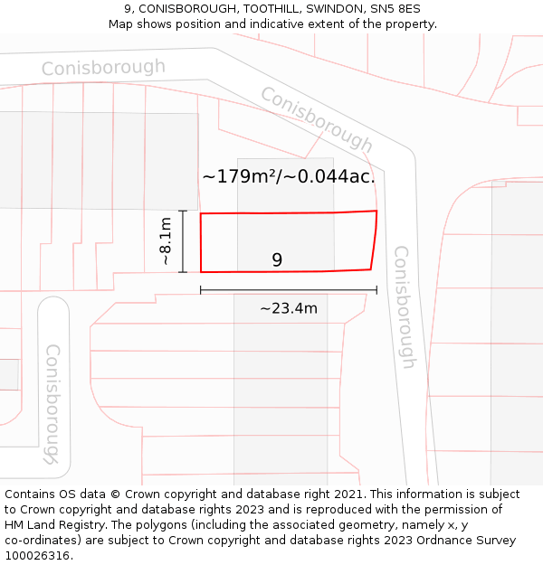 9, CONISBOROUGH, TOOTHILL, SWINDON, SN5 8ES: Plot and title map