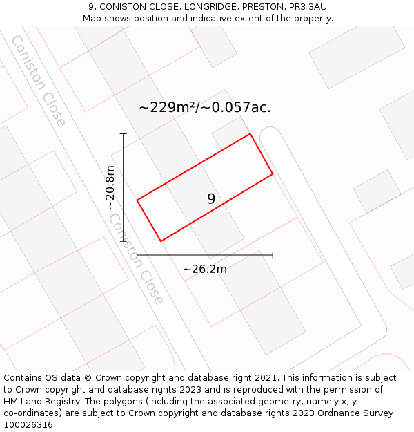 9, CONISTON CLOSE, LONGRIDGE, PRESTON, PR3 3AU: Plot and title map