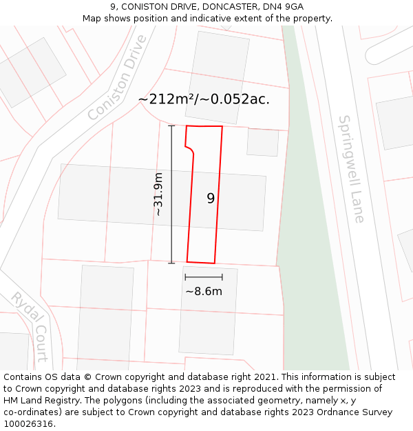 9, CONISTON DRIVE, DONCASTER, DN4 9GA: Plot and title map