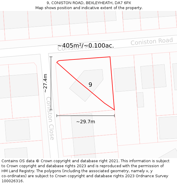 9, CONISTON ROAD, BEXLEYHEATH, DA7 6PX: Plot and title map