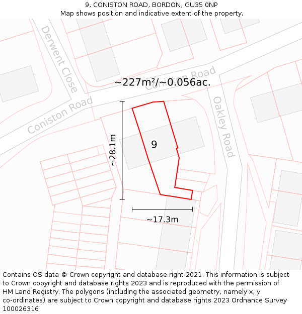 9, CONISTON ROAD, BORDON, GU35 0NP: Plot and title map