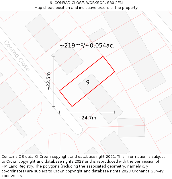 9, CONRAD CLOSE, WORKSOP, S80 2EN: Plot and title map