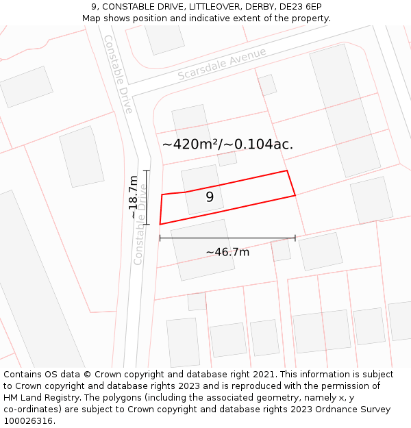 9, CONSTABLE DRIVE, LITTLEOVER, DERBY, DE23 6EP: Plot and title map