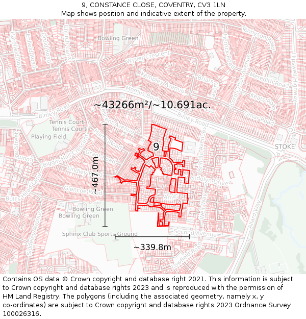 9, CONSTANCE CLOSE, COVENTRY, CV3 1LN: Plot and title map