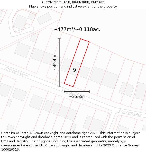 9, CONVENT LANE, BRAINTREE, CM7 9RN: Plot and title map