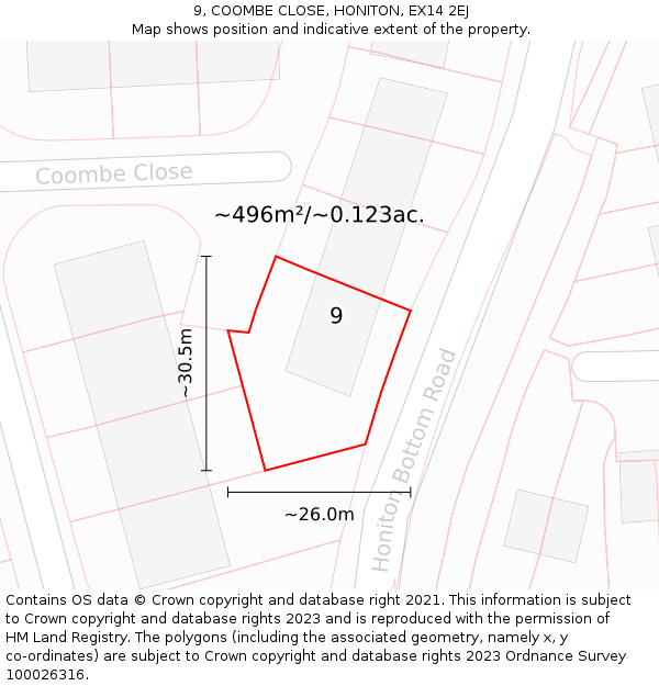 9, COOMBE CLOSE, HONITON, EX14 2EJ: Plot and title map